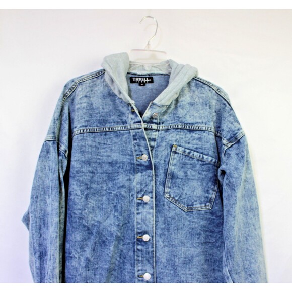 Thrill Jeans Denim Long Jacket Coat Hooded Distressed Sz XL Cotton Womens Y2K - Picture 2 of 8